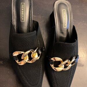 Newbella Black Mules with Gold Chain Accent